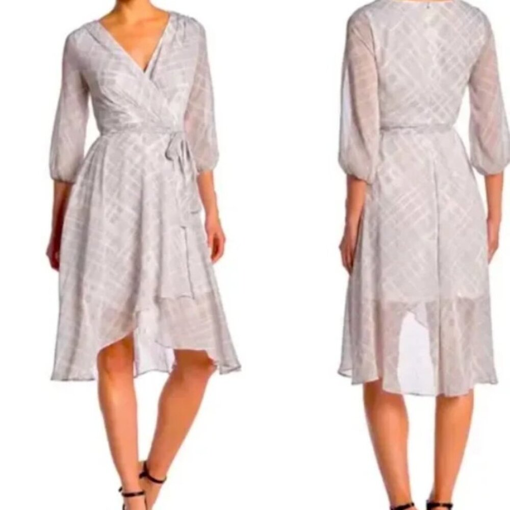 TOMMY HILFIGER Faux Wrap Midi Dress Size 14 Gray Plaid Belted V-Neck Zip Back